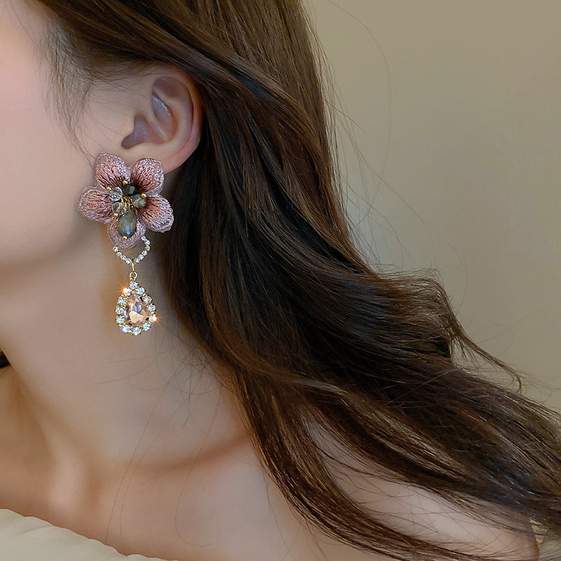 Wholesale 925 silver asymmetrical diamond fabric flower earrings